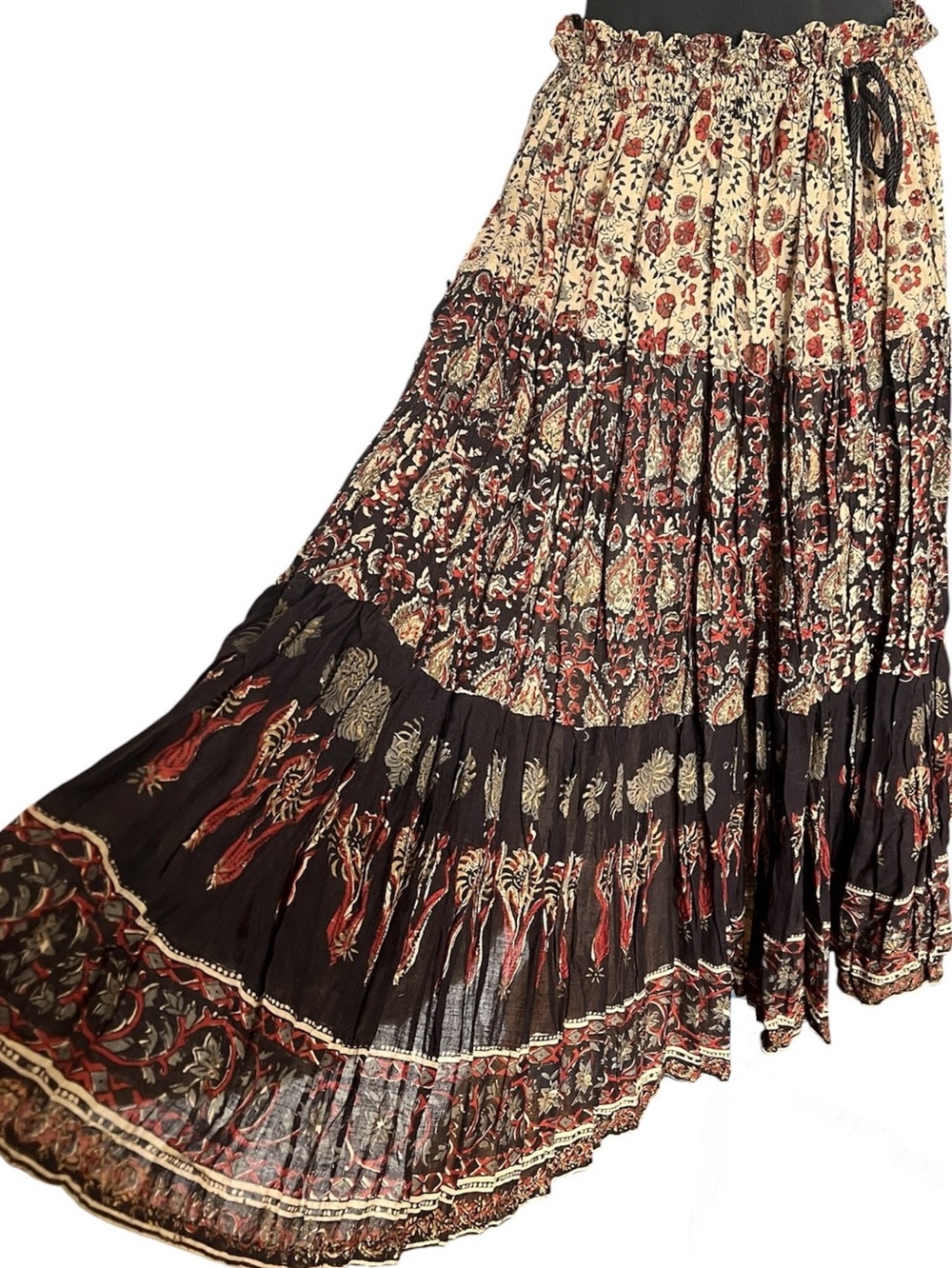 Vintage Indian Skirt Cotton Gauze Block Print 70s Peasant Maxi Can Fit Plus Size